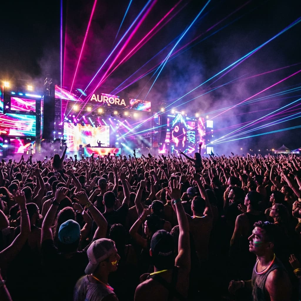 Crowd with raised hands in front of a circular stage light under red lasers